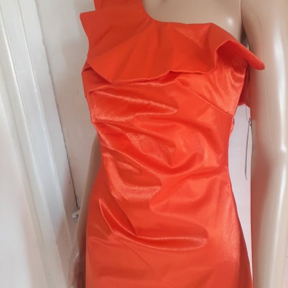 NWT lAUNDRY BY SHELLI SEGALHOT  ORANGE ONE SHOULDER RUFLE SHORT DRESS SIZE  US 6 - Picture 2 of 8